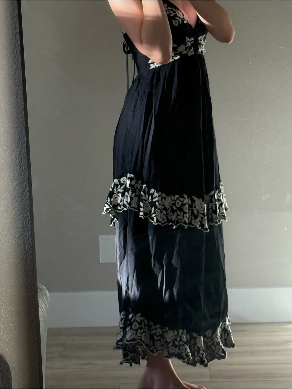 Abercrombie and Fitch Black Embroidered V-Neck Maxi Dress with Spaghetti Straps